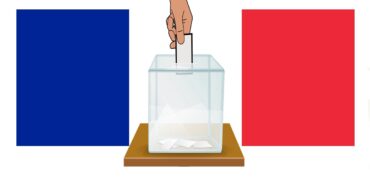 sur fond de drapeau tricolore, dessin d'une urne transparente utilisée pour les élections et d'une main déposant un bulletin de vote